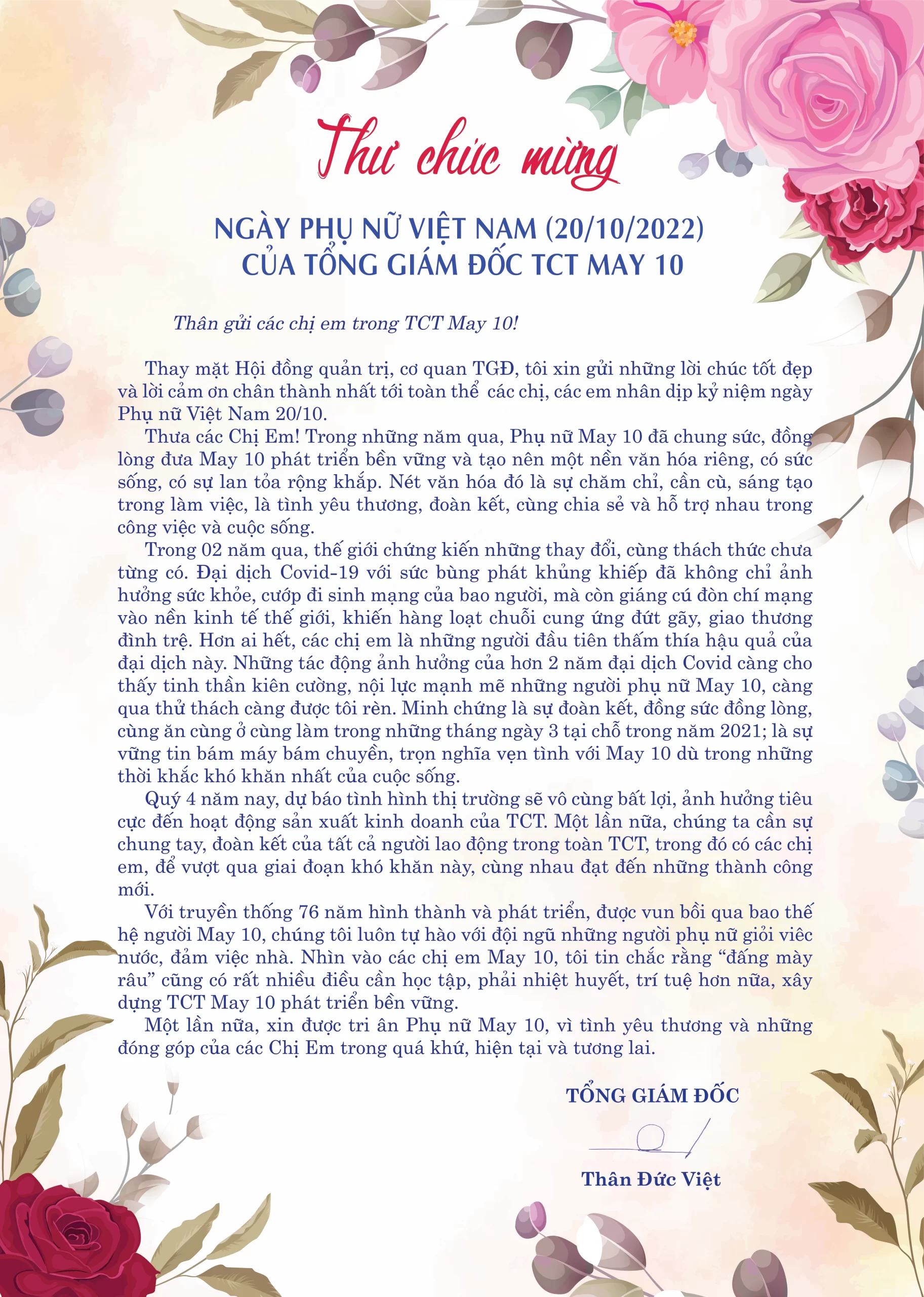 Thư chúc mừng ngày Phụ nữ Việt Nam 20-10 của Tổng Giám đốc May 10
